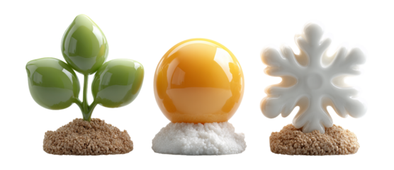 Artistic Representation of Nature with Green Plant, Yellow Sphere, Snowflake