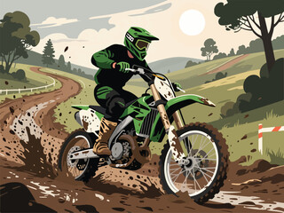 Flat Design of Motocross Rider Racing Through Muddy Track - Flat 2D Vector Illustration