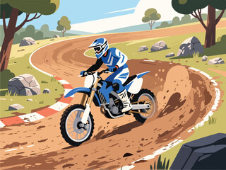 Flat Design of Motocross Rider Practicing Drift on Dirt Track - Flat 2D Vector Illustration