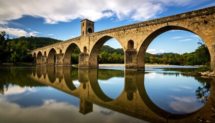 Fototapeta premium Ancient stone bridge reflecting in still river
