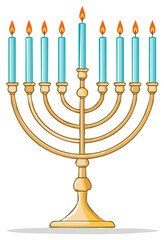 Menorah with Nine Lit Candles for Hanukkah Celebration, Festive Icon Illustration