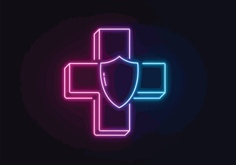 Fototapeta premium Neon-lit medical cross with shield, symbolizing health protection.
