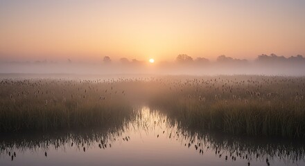 Fototapeta premium 朝焼けの湿地帯風景写真 幻想的な霧と水面反射の美しい自然
