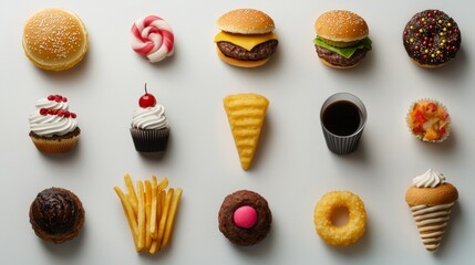 Assorted tasty treats displayed on a table with colorful desserts, burgers, and drinks at a local food fair