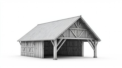 Obraz premium Rustic wooden barn with exposed timber frame located in a countryside setting under bright sunlight
