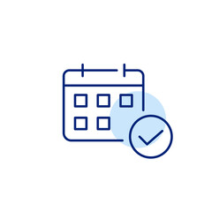 Event confirmed, appointment scheduled. Calendar and checkmark. Pixel perfect, editable stroke vector icon