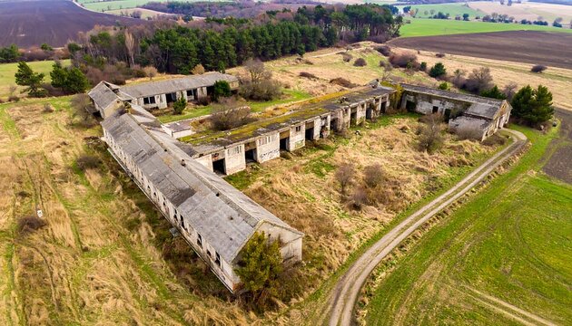 Aerial view of dilapidated farm buildings