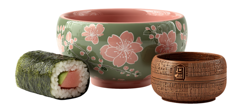 Decorative Bowls and Sushi Roll on a White Background - Powered by Adobe