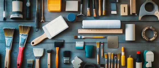 A collection of various painting tools.