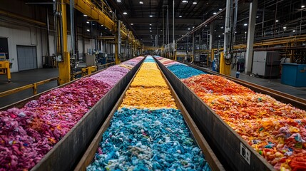 Vibrant textile waste sorted by color fills long bins in an industrial setting. Overhead cranes and machinery suggest a recycling facility. Bright and organized. Recycle waste background