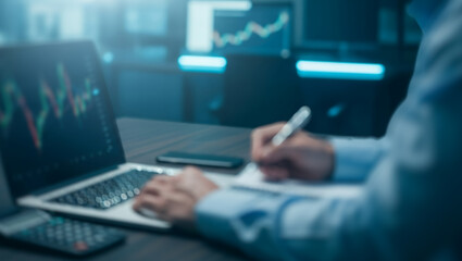 Person analyzes stock market data on laptop with charts and pen in hand.