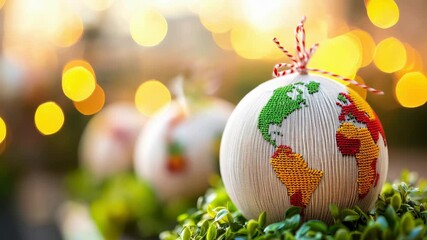Globe ornament world map holiday decor embroidery with festive bokeh and colorful thread, round bauble and ribbon bow handmade eco friendly craft - Powered by Adobe