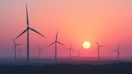 Wind turbines turn renewable energy into electricity under a colorful sunset sky
