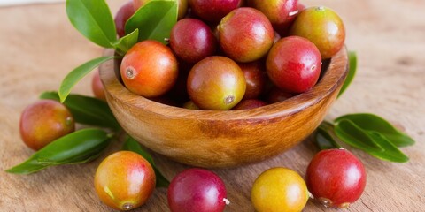 Delicious and fresh camu camu fruits are displayed in a wooden bowl with green leaves.