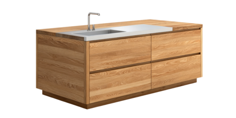 Light-colored wooden vanity with countertop and sink