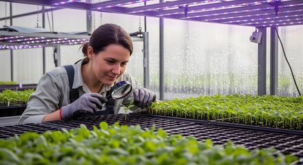Woman Inspecting Seedlings with Magnifying Glass in Greenhouse Under LED Grow Lights