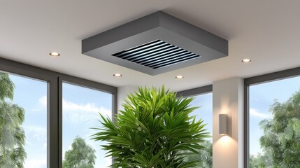 Modern cassette duct air conditioning system enhances comfort with stylish lighting in a bright, airy room surrounded by greenery