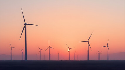 Renewable wind turbines generate clean electricity at sunset