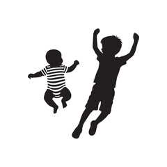 A silhouette of a baby and a child jumping in the air.