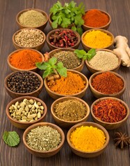 Fototapeta premium A variety of colorful spices in small wooden bowls arranged on a dark wooden surface, showcasing a collection of flavorful and aromatic ingredients.