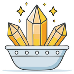 Obraz premium Cartoon bowl filled with golden crystals, enhanced by glowing stars, presented on a clean white canvas.