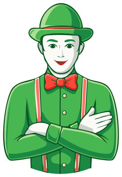 recommend clip art: Friendly mime artist character in a green costume and bowler hat smiling with arms crossed
