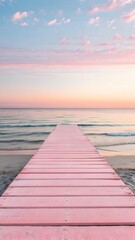 Naklejka premium Pink Wooden Pier Leading Into Calm Ocean At Sunset With Pastel Sky Symbolizing Serenity And Escape