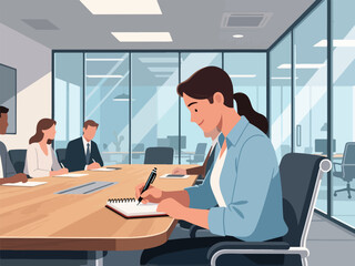 Flat Design of Office Worker Taking Notes in Meeting - Flat 2D Vector Illustration