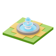 Isometric Cartoon Style Stone Fountain with Water Feature and Paving Slabs