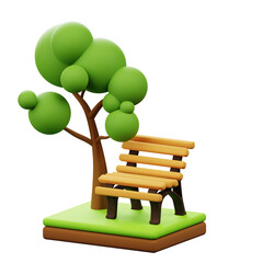 Cartoon Style 3D Rendering Park Scene With Bench and Tree Illustration