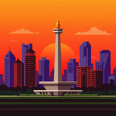 Obraz premium Illustration of the National Monument in Jakarta, Indonesia, with a cityscape silhouette against a vibrant orange and red sunset.