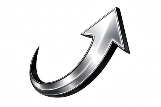 Silver 3d arrow pointing upward, representing business advancement, growth trajectory against transparent backdrop