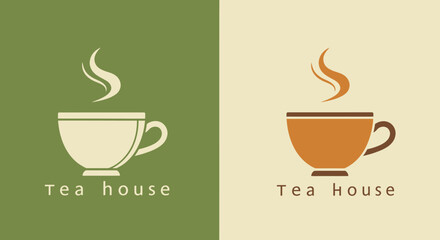 Logo design featuring a steaming tea cup, showcasing a tea house concept with earthy tones