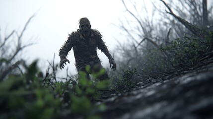A mysterious figure emerges from a foggy forest, surrounded by barren trees and overgrown vegetation