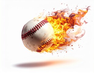 野球場で剛速球が飛ぶ炎のボールのイラスト