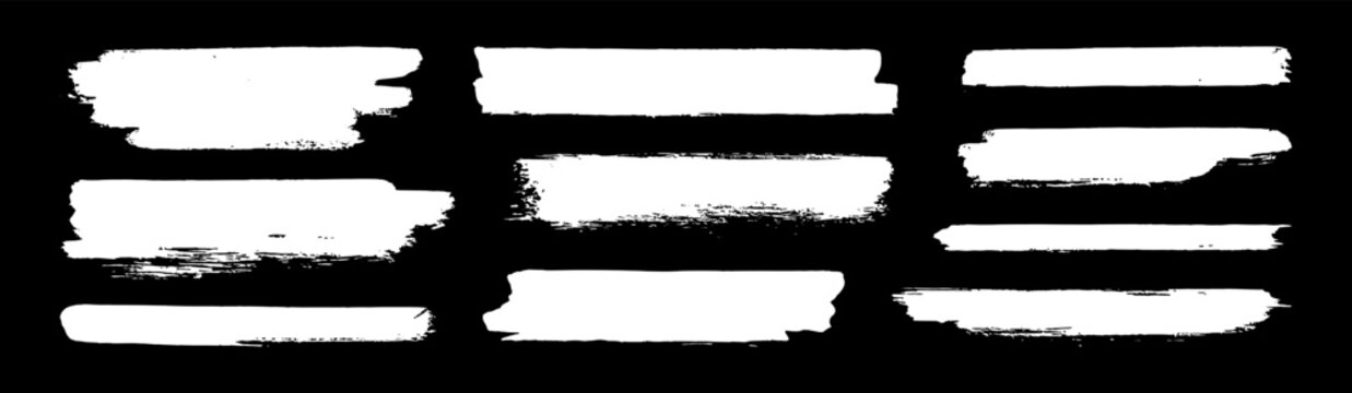 White grunge brush strokes. Vector chalk grunge hand drawn banners isolated on chalkboard bg. Paint roller, urban ink splash brushstrokes. Grungy paint elements. Long straight distressed brushstrokes