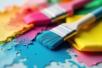Fototapeta premium A close-up shot of a paintbrush resting on a pile of colorful cleaning supplies, suggesting the concept of housework as an artistic endeavor , sparkle, vibrant