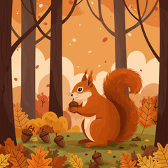 Squirrel holding an acorn amidst colorful autumn foliage in a serene forest setting