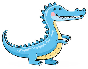 Happy blue cartoon alligator standing up with a big smile and rosy cheeks