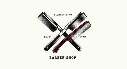 Vintage barber shop logo featuring crossed combs with establishment dates and a clean design