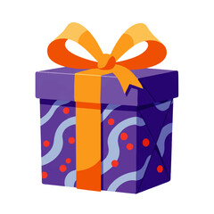 A purple gift box decorated with wavy lines and red dots, tied with a bright yellow ribbon and bow.