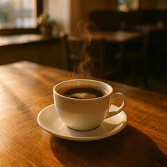 Fototapeta premium Hot coffe cup on wooden table with morning sunlight in cozy cafe