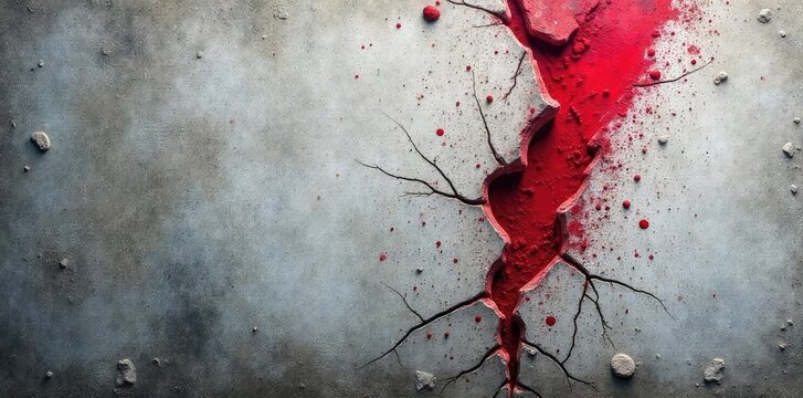 A cracked, grey concrete wall shows streaks of red, hinting at past violence and destruction The texture is rough and unsettling, symbolizing aggression and decay , brutal, suffering