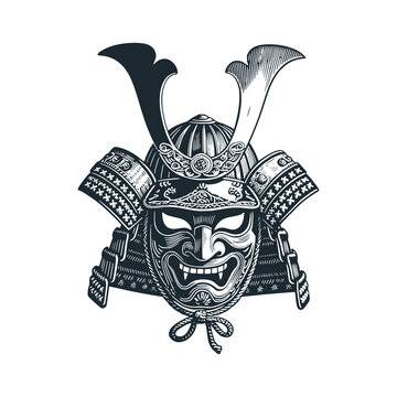 Japanese warrior mask &ndash; Black and White Icon Vector and Illustration