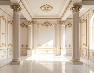 A grand, opulent room, illuminated by sunlight, showcasing intricate architectural details with classic columns and ornate gold trim.