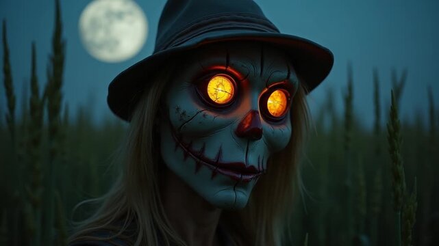 Spooky Scarecrow Halloween Costume at Night.