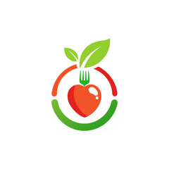 Healthy eating heart logo with fork and leaves