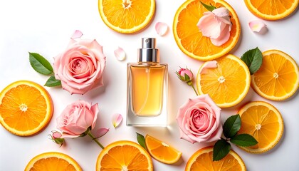 Fresh, floral perfume arrangement on a white background