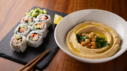 Photo of a delicious serving of sushi rolls and creamy hummus with chickpeas and parsley is presented on a dark slate