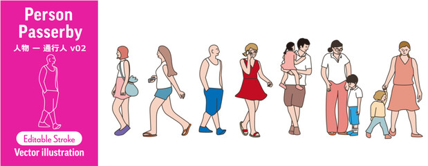 様々な人物イラストセット、シンプルで親しみやすい人物ベクター素材、ライフスタイル・街を行く人々のイラスト（家族/カップル/通行人/ベクター/編集可能）